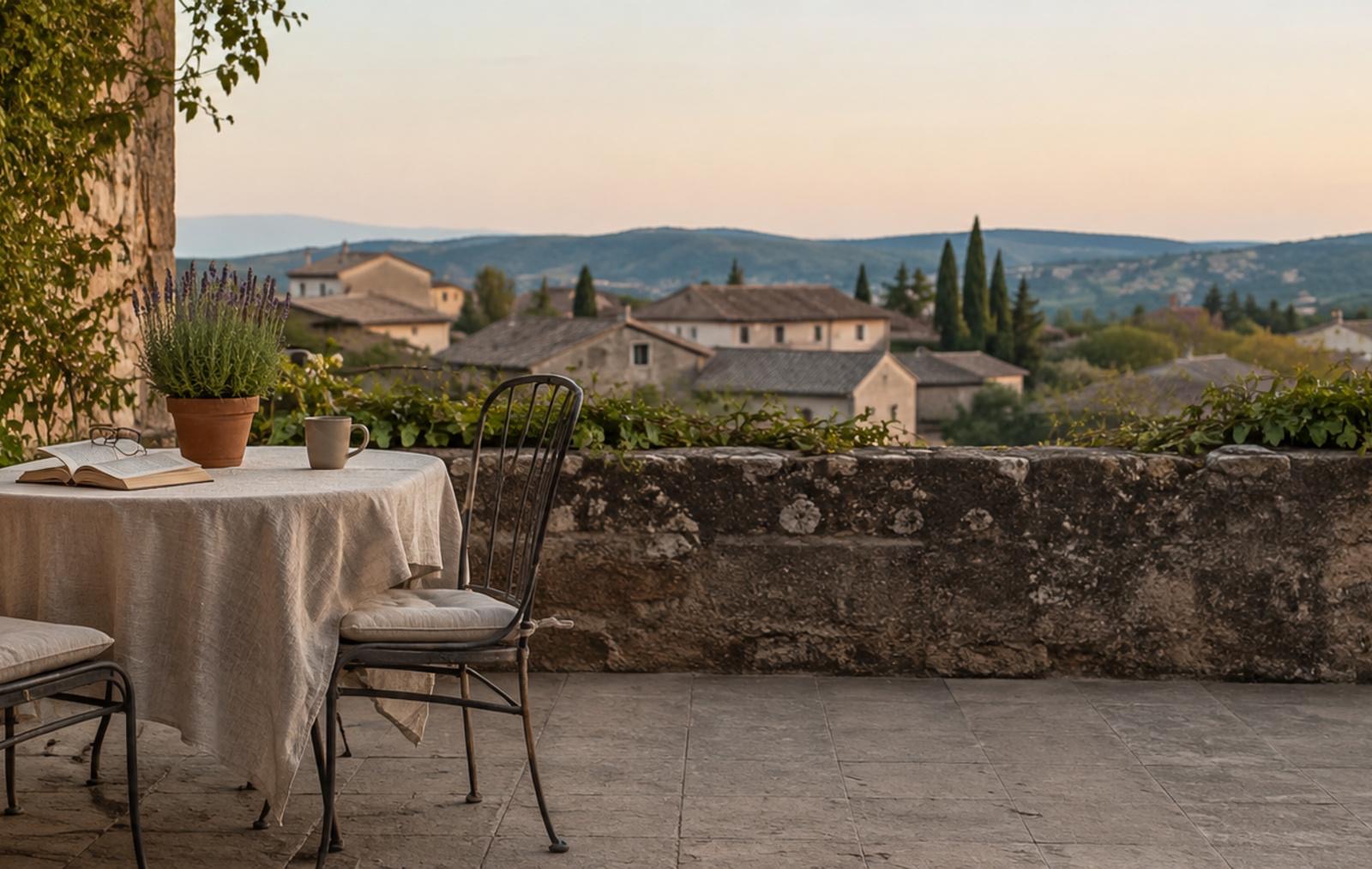 A quiet European terrace representing Wolstan client relationships